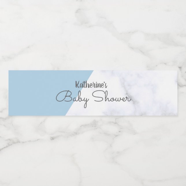 Elegant pastel blue and white marble baby shower water bottle label (Single Label)