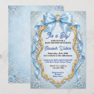 Elegant Pastel Blue Bow Boy Baby Shower Invitation