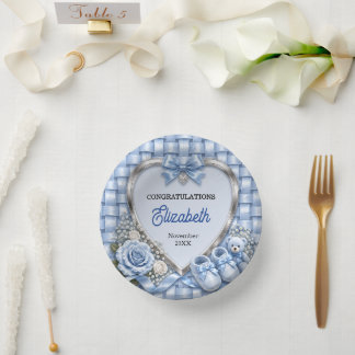 Elegant Pastel Blue Bow Boy Baby Shower Paper Plate