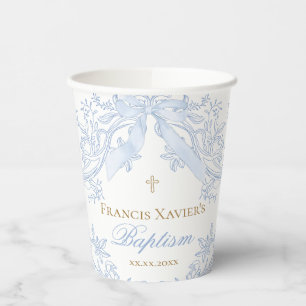 elegant pastel blue bow design Baptism Paper Cups