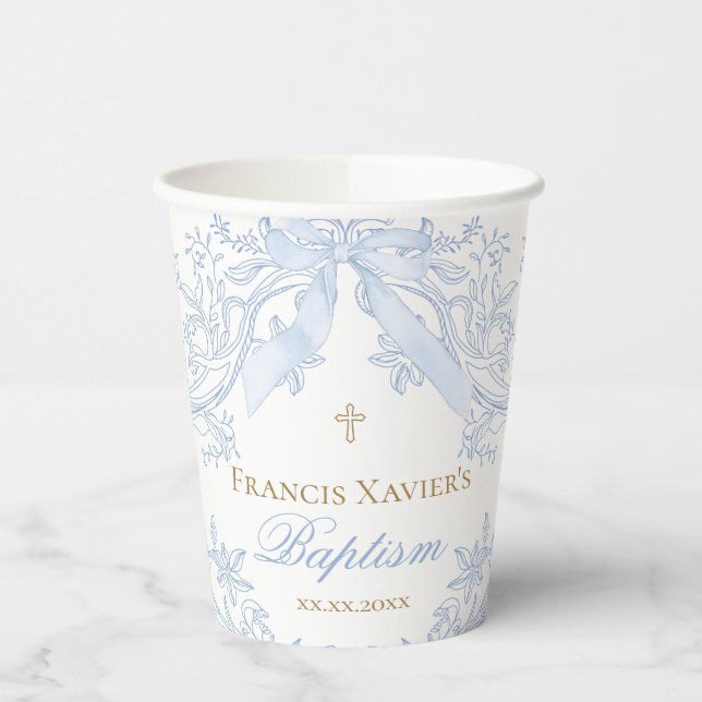elegant pastel blue bow design Baptism Paper Cups (Left)