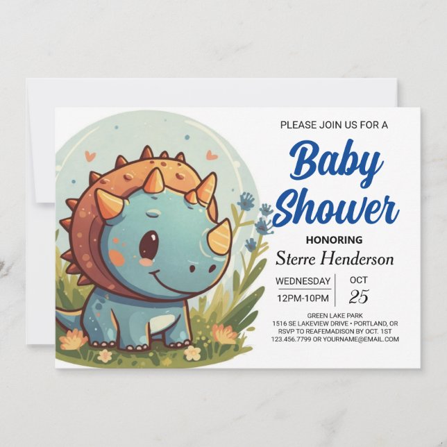 Elegant Pastel Blue Dinosaur Boy Baby Shower Invitation (Front)