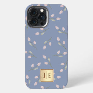 Elegant Pastel Blue Floral Shiny Gold Monogram iPhone 13 Pro Max Case