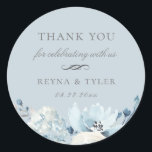 Elegant Pastel Blue Floral Wedding Favour Classic Round Sticker<br><div class="desc">Chic watercolor flowers and botanical branches in shades of dusty blue,  personalised wedding favour sticker. Background colour,  shown in pastel illusion blue,  can be customised. Designed to match our Elegant Shades of Blue Watercolor Floral Collection.</div>