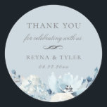 Elegant Pastel Blue Floral Wedding Favour Classic Round Sticker<br><div class="desc">Chic watercolor flowers and botanical branches in shades of dusty blue,  personalised wedding favour sticker. Background colour,  shown in pastel illusion blue,  can be customised. Designed to match our Elegant Shades of Blue Watercolor Floral Collection.</div>