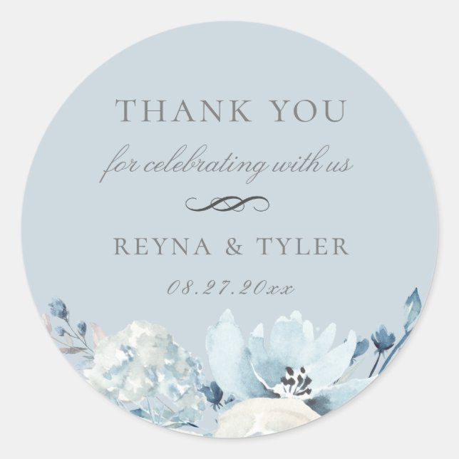 Elegant Pastel Blue Floral Wedding Favour Classic Round Sticker (Front)