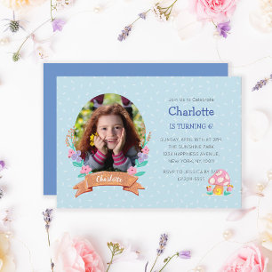 Elegant Pastel Blue Floral Wreath Photo Birthday Invitation