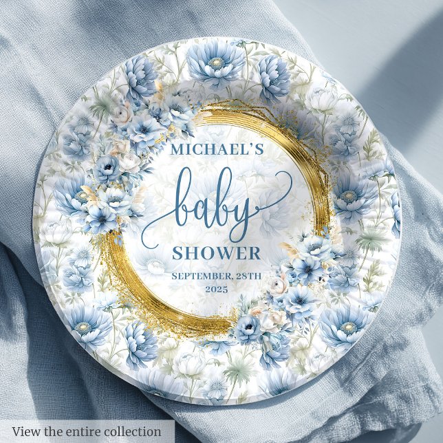 Elegant pastel blue flowers gold boy baby shower  paper plate (Elegant pastel blue flowers gold boy baby shower Paper Plates)