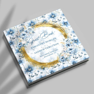 Elegant Pastel Blue Flowers Gold Glitter Wedding Guest Book