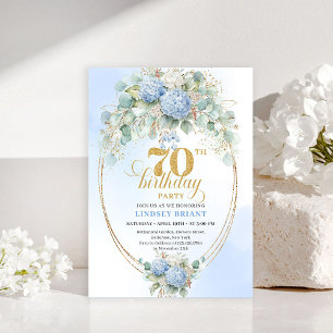 Elegant Pastel Blue Hydrangeas Gold 70th Birthday Invitation