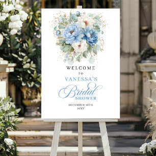 Elegant Pastel Blue Peonies Bridal Shower Welcome Poster