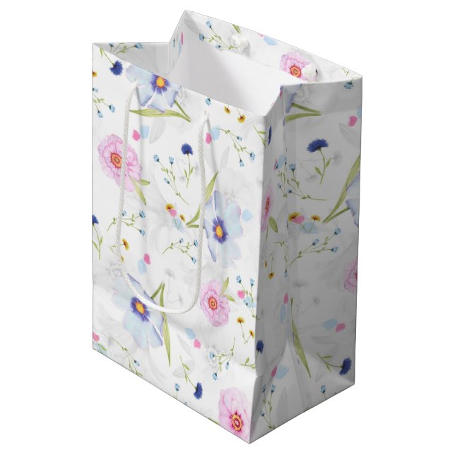 Elegant Pastel Blue & Pink Flowers Floral Medium Gift Bag (Front Angled)