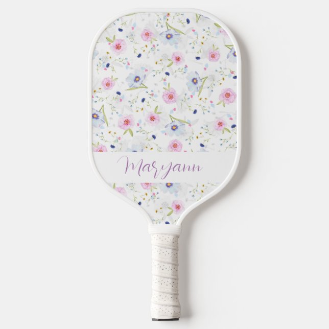 Elegant Pastel Blue Pink Flowers Personalised Pickleball Paddle (Front)