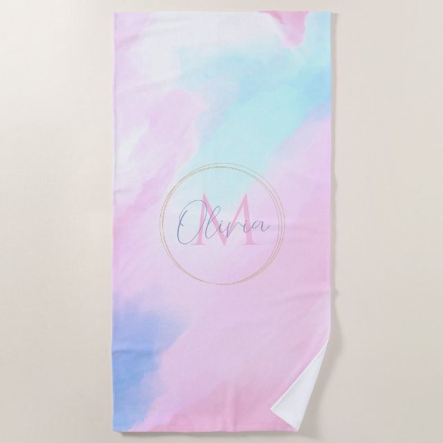 Elegant Pastel Blue Pink Watercolor Painting Beach Towel (Front)