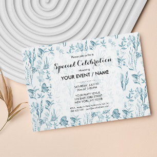 Elegant pastel blue vintage butterfly floral invitation