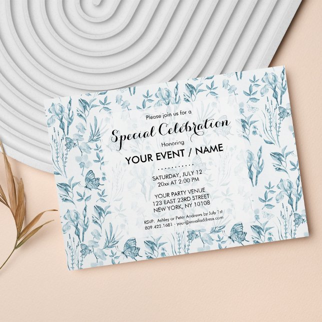 Elegant pastel blue vintage butterfly floral invitation (Elegant pastel blue vintage butterfly floral invitation)