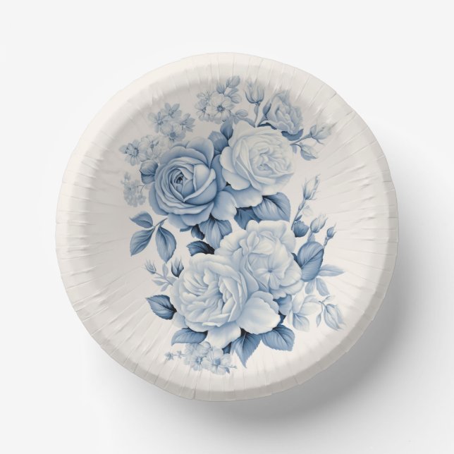 Elegant Pastel Blue Watercolor Roses Paper Plate (Front)