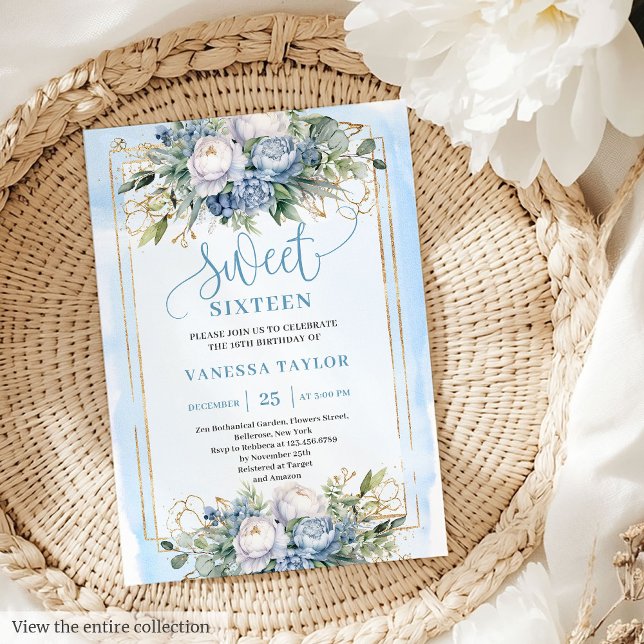 Elegant Pastel Blue White Gold Floral Sweet 16  Invitation (Elegant Pastel Blue White Gold Floral Sweet 16 Invitation)
