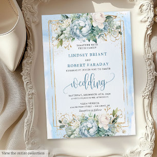 Elegant Pastel Blue White Gold Peonies Invitation