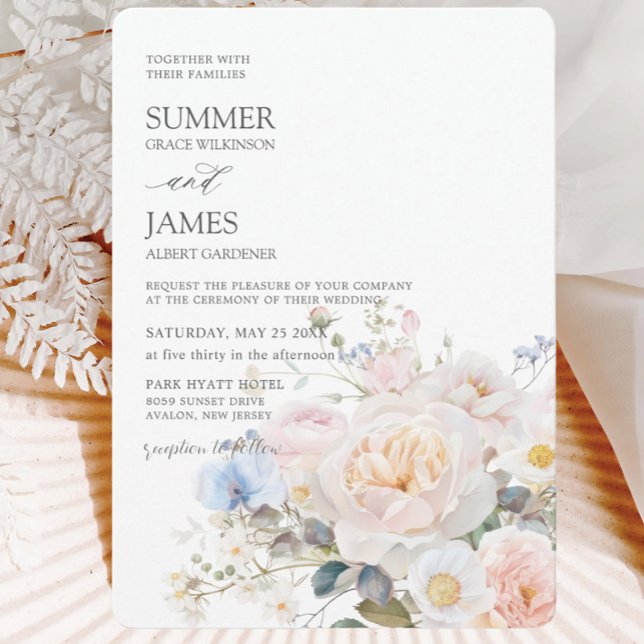 Elegant Pastel Blush White Blue Floral Wedding  Invitation (Creator Uploaded)