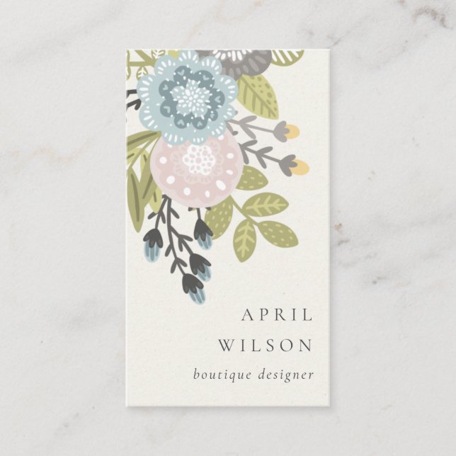 Elegant Pastel Boho Blush Blue Green Leafy Floral Business Card (Front)