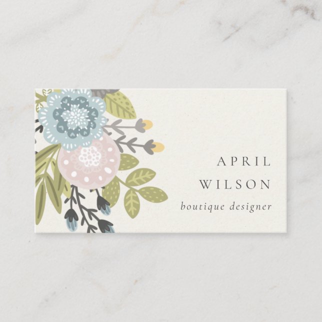 Elegant Pastel Boho Blush Blue Green Leafy Floral Business Card (Front)