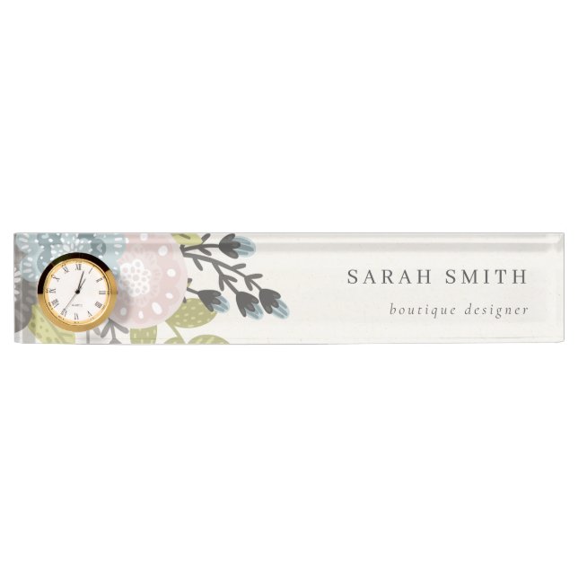Elegant Pastel Boho Blush Blue Green Leafy Floral Nameplate (Front)
