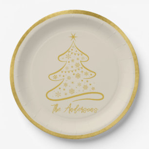 Elegant Pastel Bone Beige Gold Christmas Tree Paper Plate