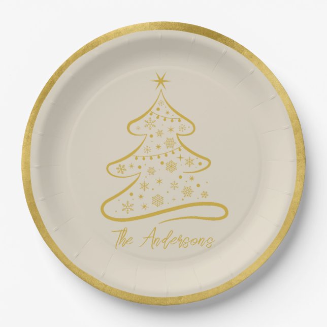 Elegant Pastel Bone Beige Gold Christmas Tree Paper Plate (Front)