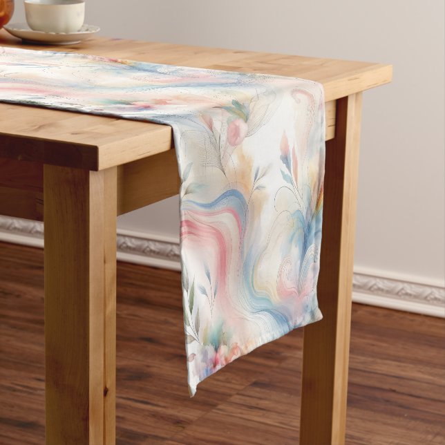 Elegant Pastel Botanical Watercolor Short Table Runner (In Situ)