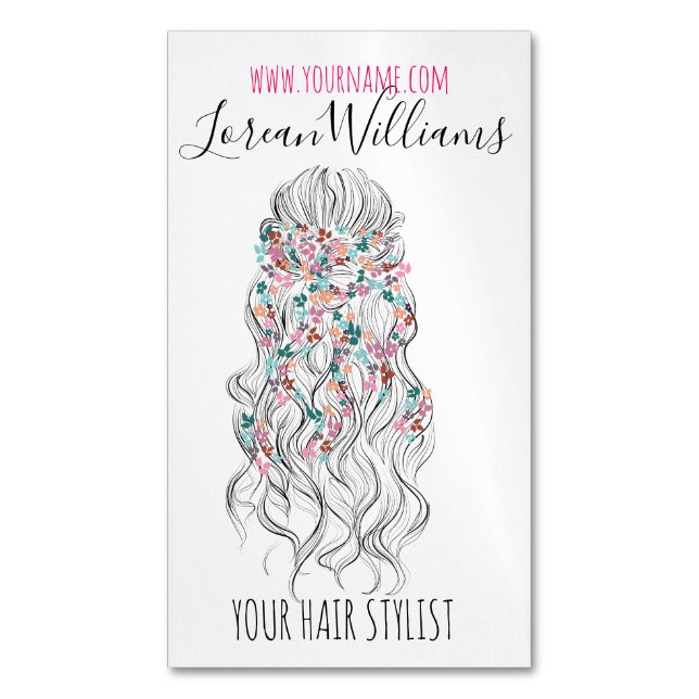 Elegant Pastel Bride Wavy Hair Styling Floral  Magnetic Business Card (Front Vertical)