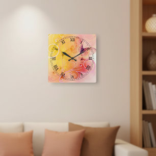 Elegant Pastel Butterflies and Swirls Square Wall Clock