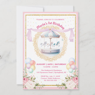 Elegant Pastel Carousel First Birthday Invitation