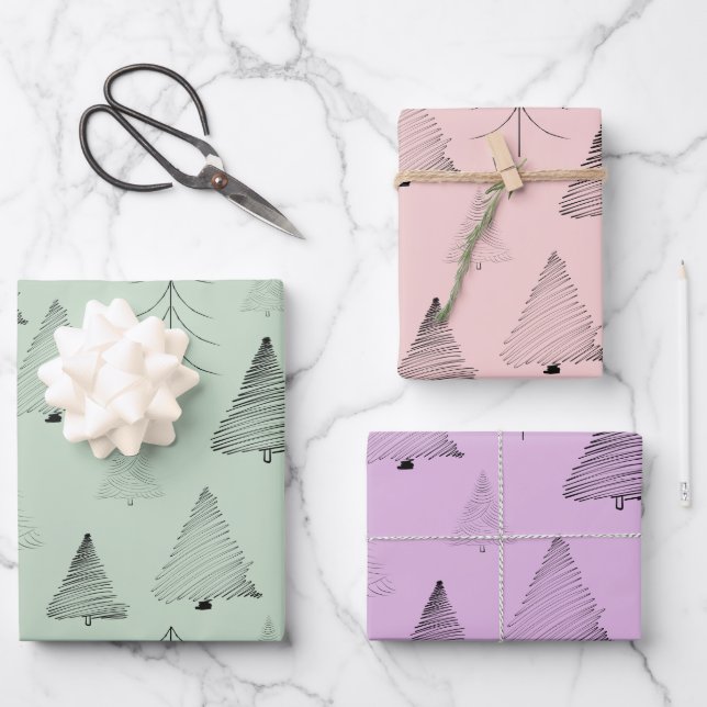 Elegant Pastel Colours Hand Drawn Christmas Trees Wrapping Paper Sheet (Front)