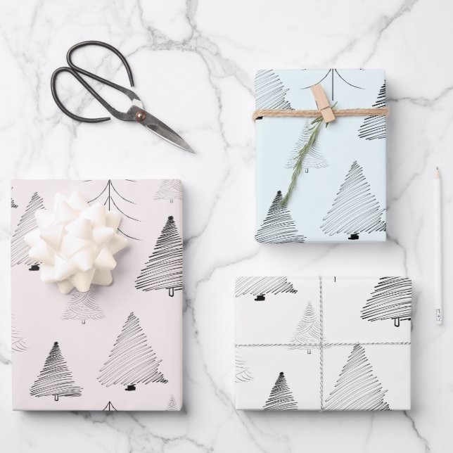Elegant Pastel Colours Hand Drawn Christmas Trees  Wrapping Paper Sheet (Front)