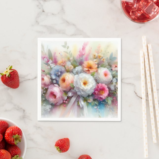 Elegant Pastel Colours Watercolour Aquarell Flower Napkin (Insitu)