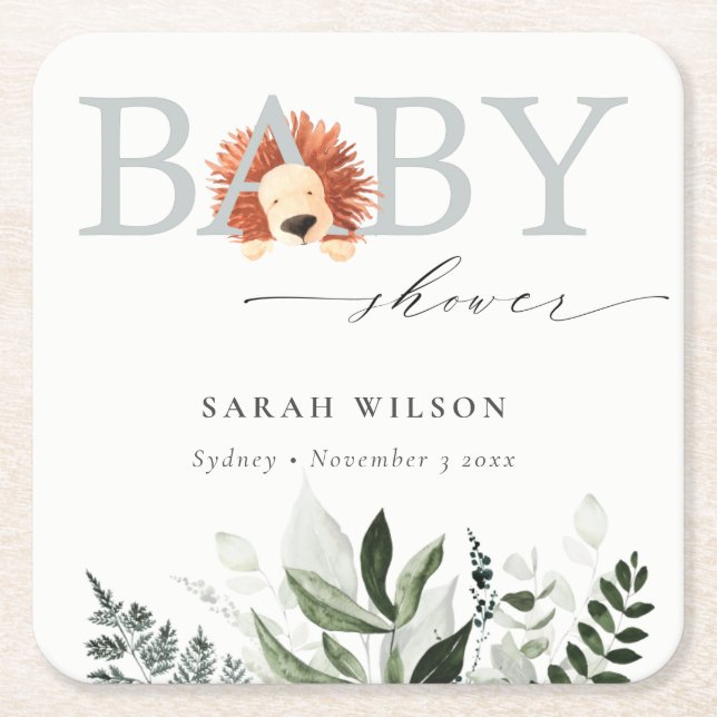 Elegant Pastel Cute Boho Lion Foliage Baby Shower Square Paper Coaster (Front)