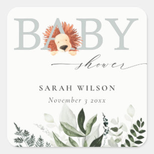 Elegant Pastel Cute Boho Lion Foliage Baby Shower Square Sticker