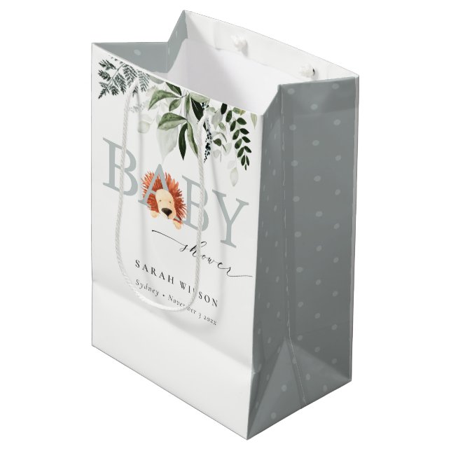 Elegant Pastel Cute Lion Foliage Baby Shower Medium Gift Bag (Front Angled)