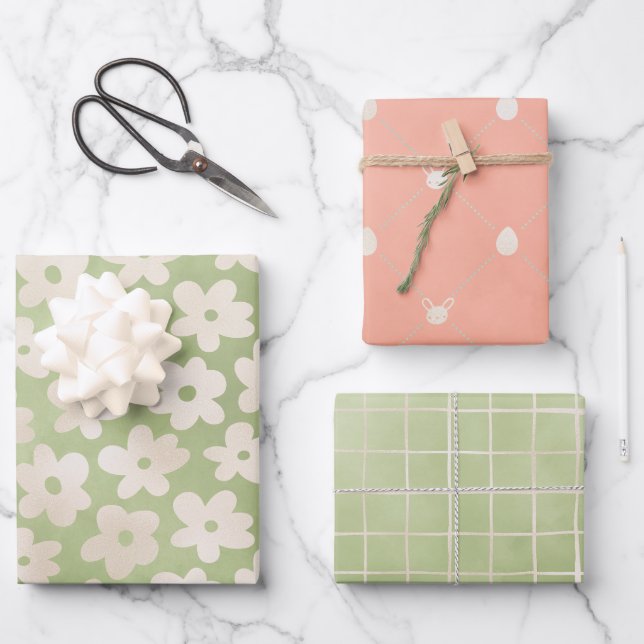Elegant Pastel Daisy Flower Bunny Spring Easter Wrapping Paper Sheet (Front)