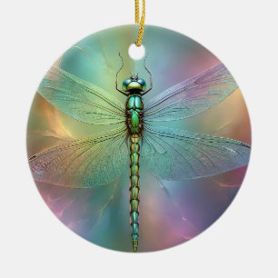 Elegant Pastel Dragonfly Fractal Art, Ceramic Tree Decoration