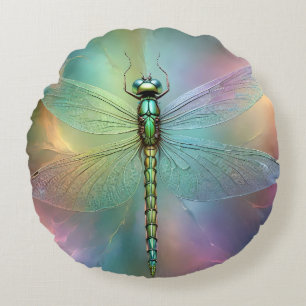Elegant Pastel Dragonfly Fractal Art, Round Cushion