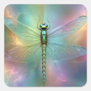 Elegant Pastel Dragonfly Fractal Art, Square Sticker