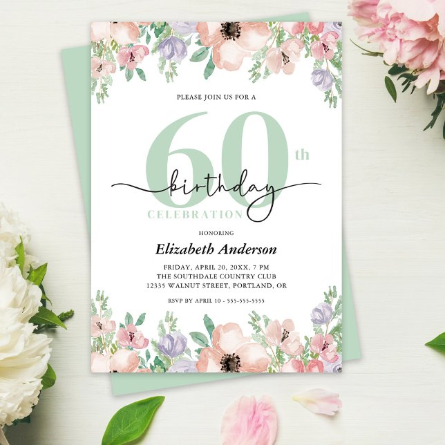 Elegant Pastel Floral 60th Birthday Party Invitation (Creator Uploaded)