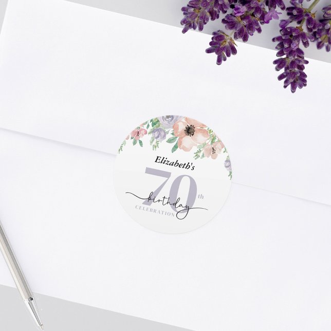 Elegant Pastel Floral 70th Birthday Party Classic Round Sticker (Creator Uploaded)