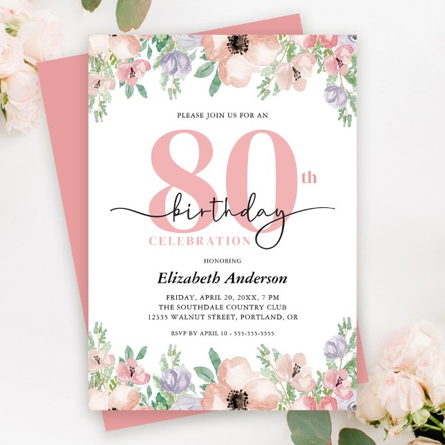 Elegant Pastel Floral 80th Birthday Party Invitation (Creator Uploaded)