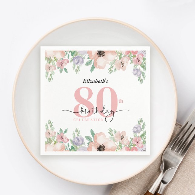 Elegant Pastel Floral 80th Birthday Party Napkin (Creator Uploaded)