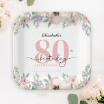 Elegant Pastel Floral 80th Birthday Party Paper Plate<br><div class="desc">This 80th birthday party paper plate showcases a stylish watercolor floral border adorning the top and bottom. The soft pastel hues of peach and purple offer a delicate and feminine charm,  perfect for a woman's birthday celebration.</div>