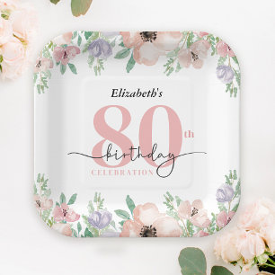 Elegant Pastel Floral 80th Birthday Party Paper Plate