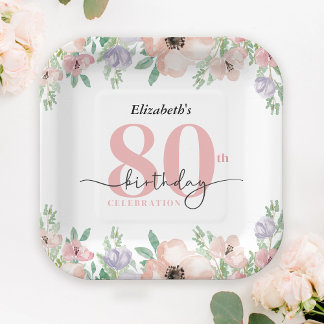 Elegant Pastel Floral 80th Birthday Party Paper Plate
